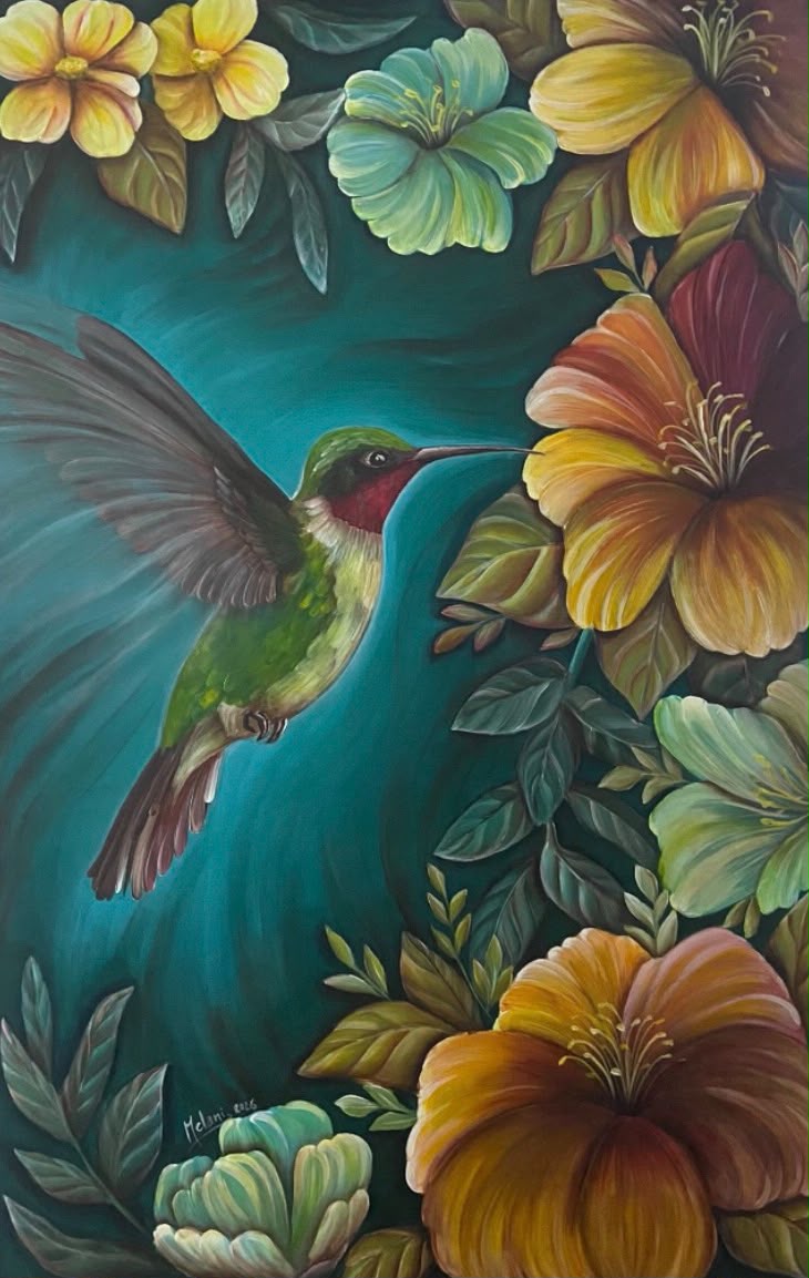 Cuadro con colibrí y flores