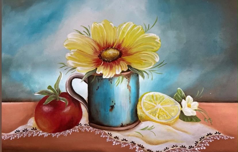 Jarro con flor, manzana y limón